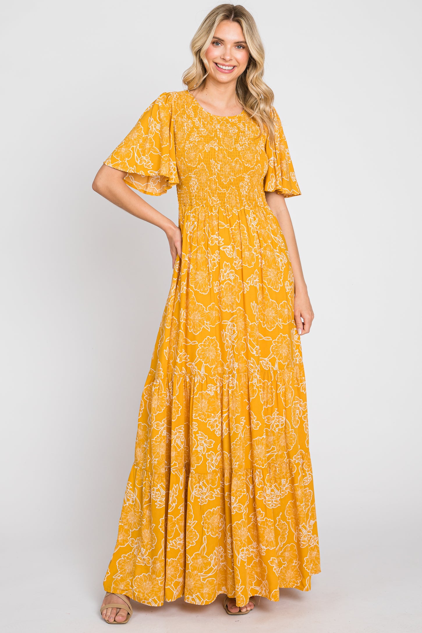 Yellow Floral Flounce Sleeve Maxi Dress