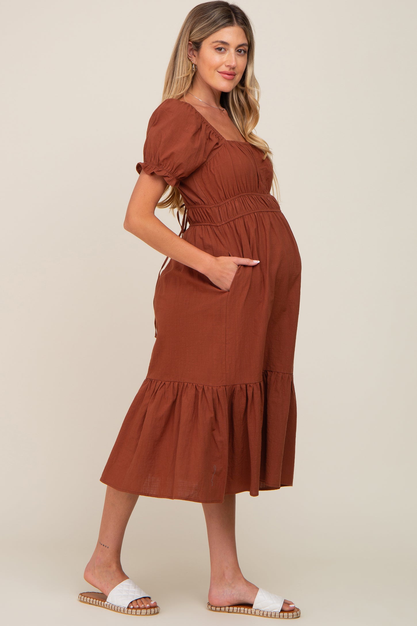 Camel Puff Sleeve Ruffle Hem Maternity Midi Dress
