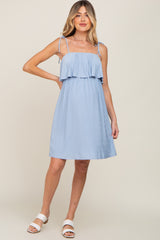 Light Blue Ruffle Overlay Shoulder Tie Maternity Dress