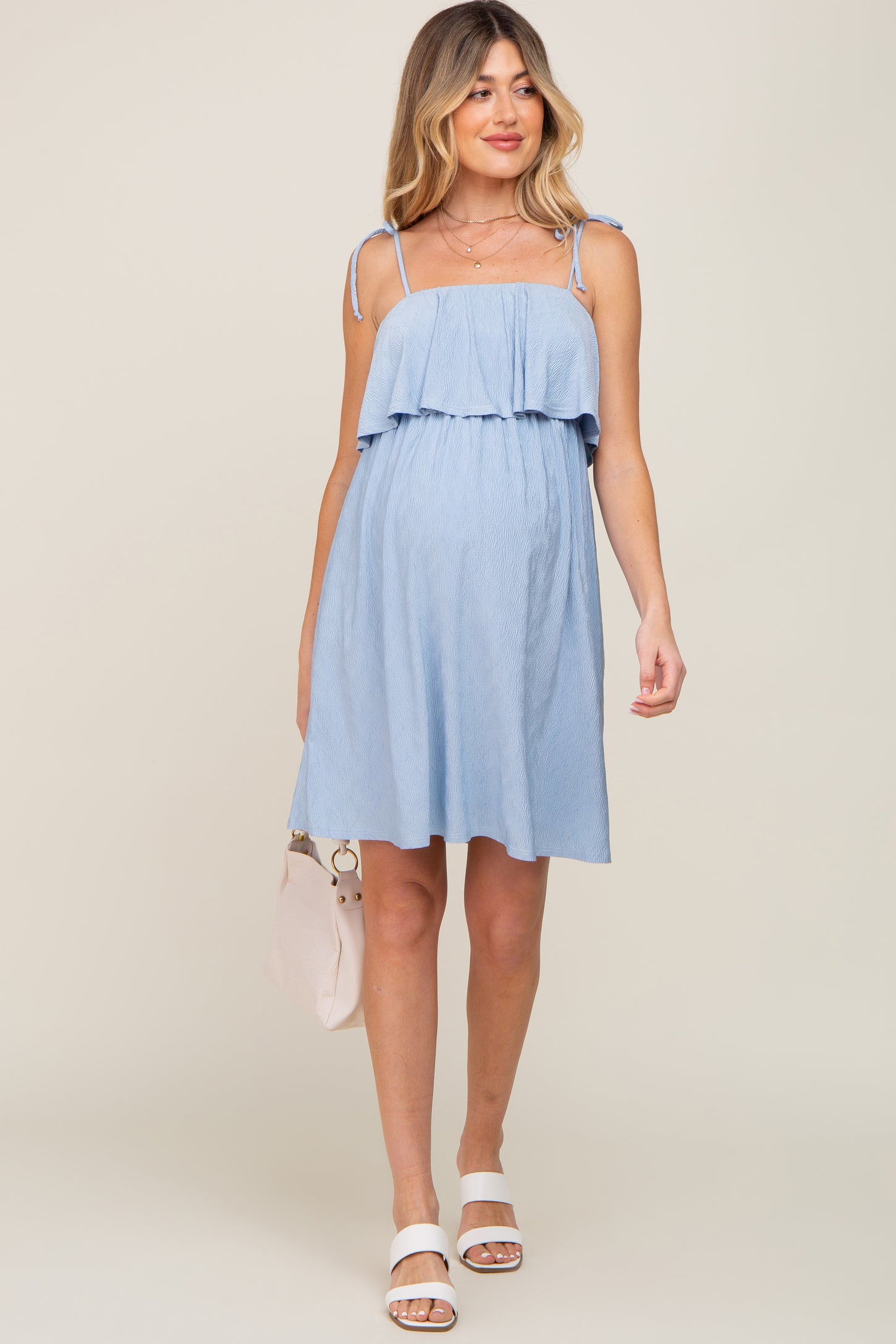 Light Blue Ruffle Overlay Shoulder Tie Maternity Dress