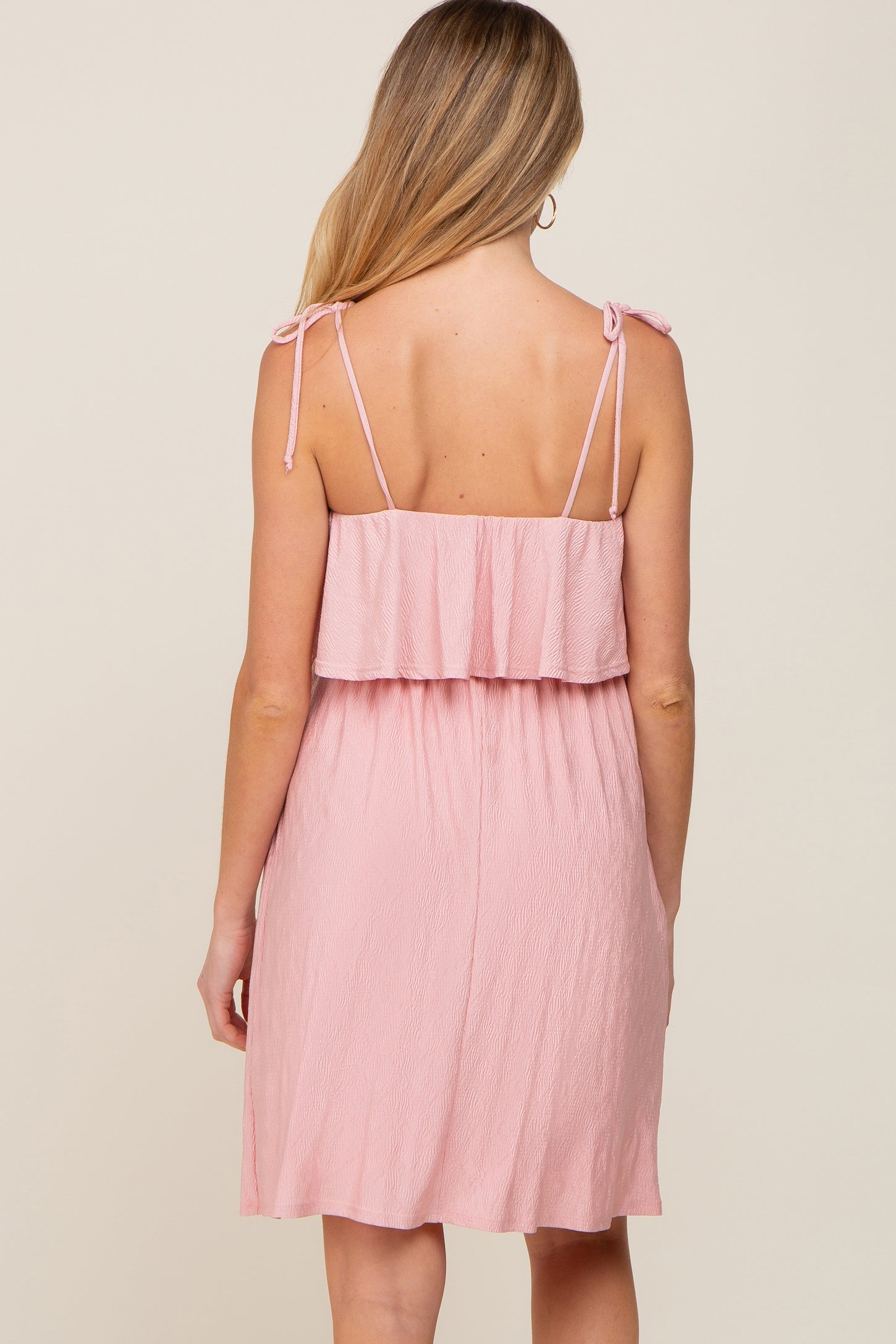 Light Pink Ruffle Overlay Shoulder Tie Maternity Dress