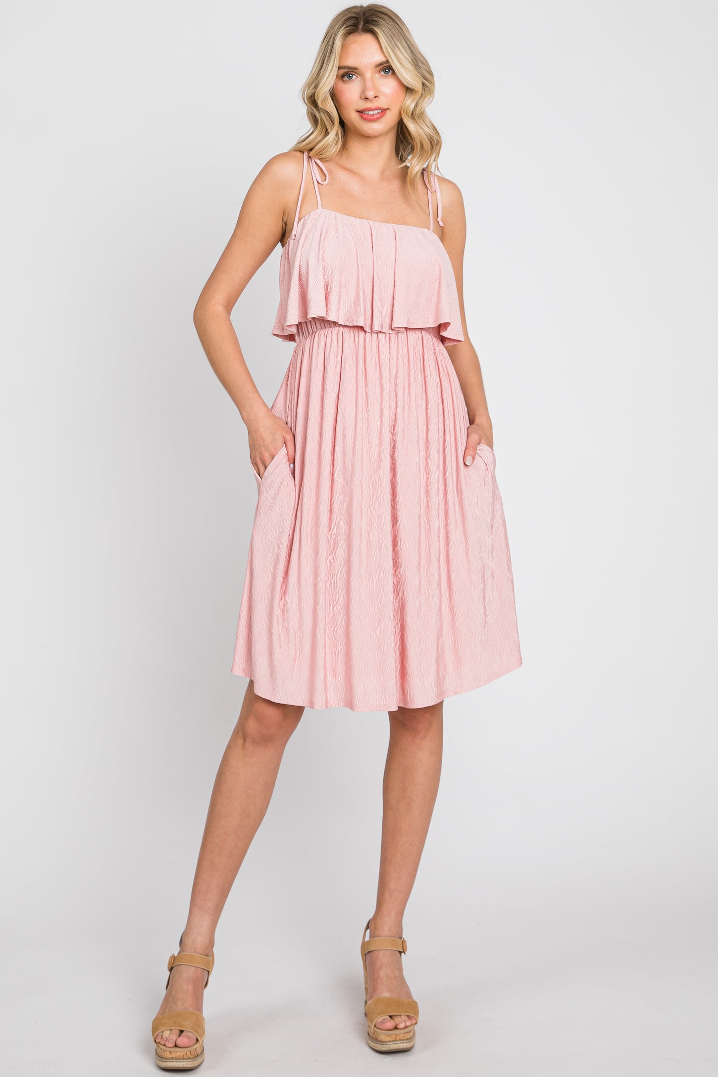 Light Pink Ruffle Overlay Shoulder Tie Maternity Dress