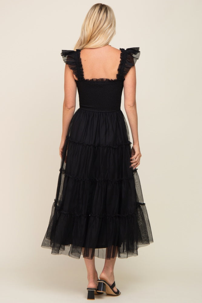 Black Smocked Mesh Ruffle Accent Midi Dress