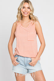 Coral Sleeveless Striped Pocket Front Top