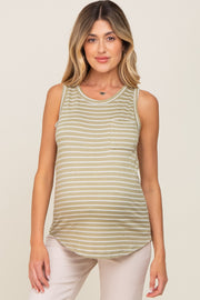 Light Olive Sleeveless Striped Pocket Front Maternity Top