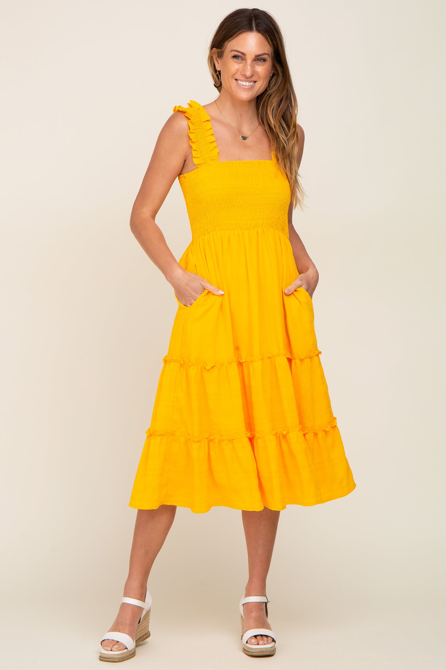 Yellow Smocked Square Neck Ruffle Strap Tiered Maternity Midi Dress
