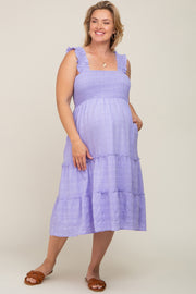 Lavender Smocked Square Neck Ruffle Strap Tiered Maternity Plus Midi Dress