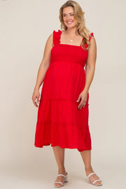 Red Smocked Square Neck Ruffle Strap Tiered Maternity Plus Midi Dress