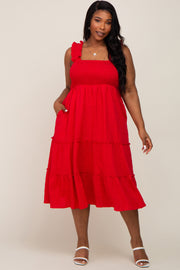 Red Smocked Square Neck Ruffle Strap Tiered Plus Midi Dress