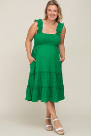 Green Smocked Square Neck Ruffle Strap Tiered Maternity Plus Midi Dress