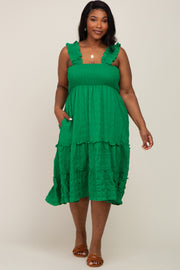 Green Smocked Square Neck Ruffle Strap Tiered Plus Midi Dress