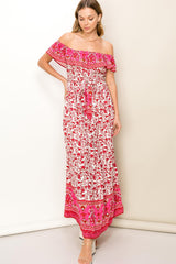 Red Floral Paisley Ruffle Off Shoulder Maternity Maxi Dress