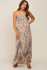 Taupe Floral Asymmetrical Maternity Maxi Dress