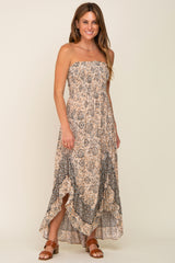 Taupe Floral Asymmetrical Maternity Maxi Dress