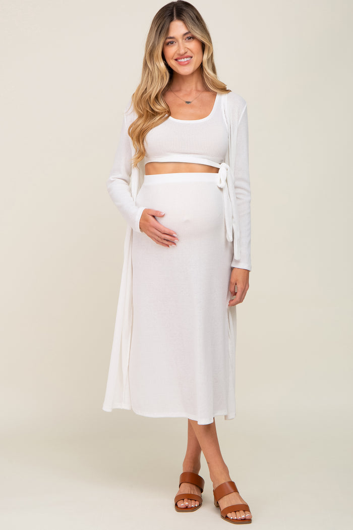 White Skirt And Cardigan 3-Piece Maternity Set
