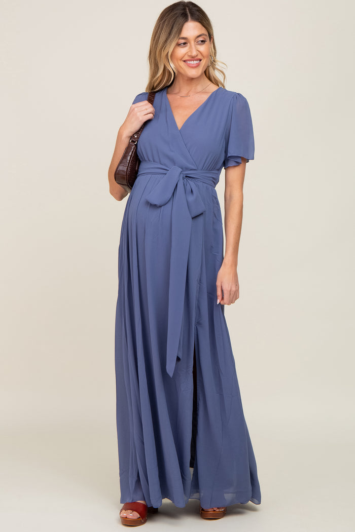 Navy Blue Chiffon Short Sleeve Wrap V-Neck Front Slit Maternity Maxi Dress