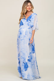 Blue Rose Floral Chiffon Double V-Neck Smocked Waist Front Slit Maternity Maxi