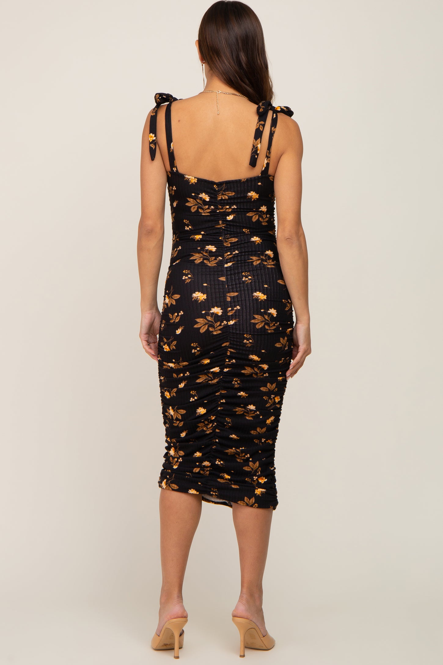 Black Floral Ruched Shoulder Tie Maternity Midi Dress
