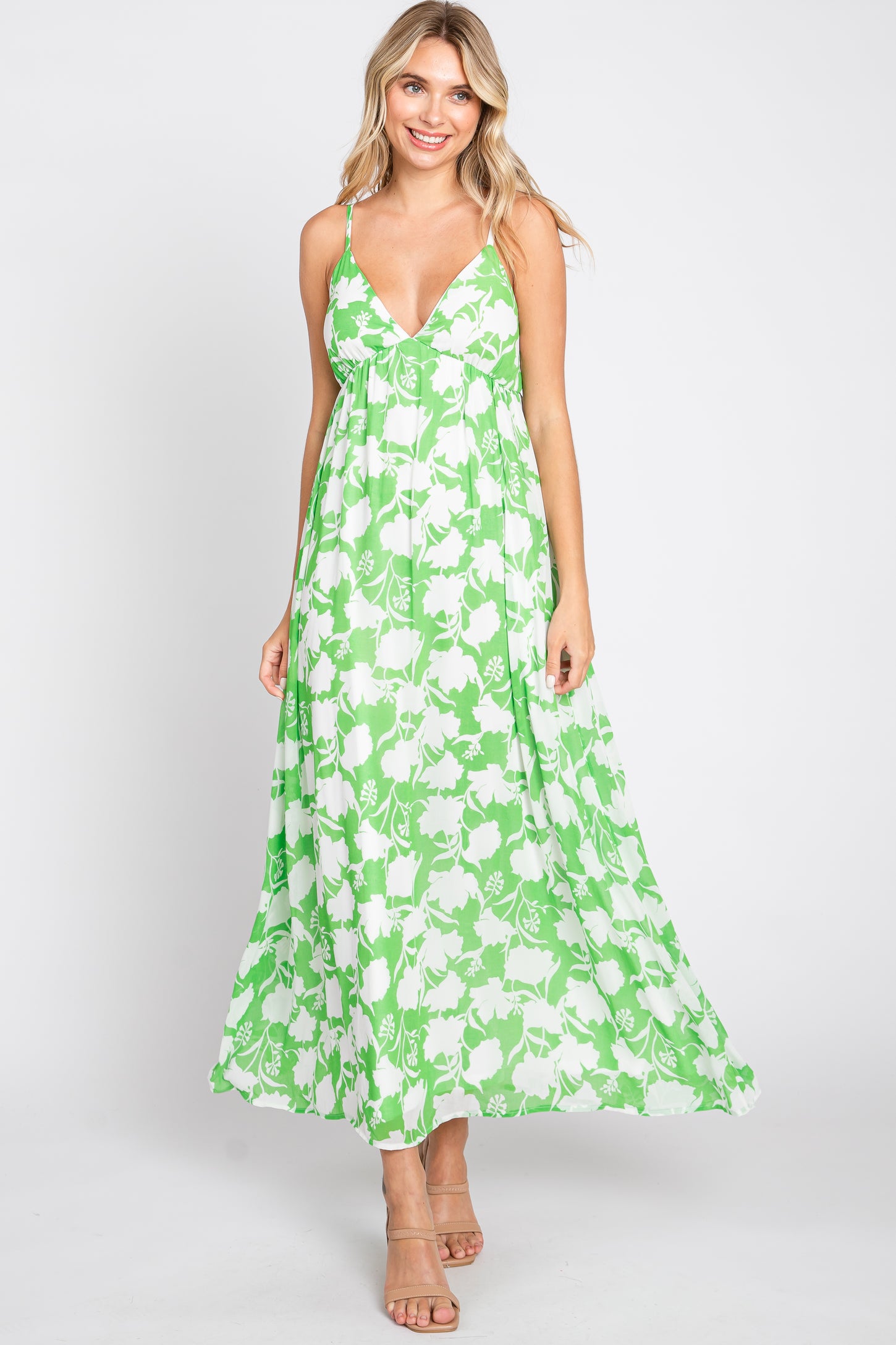 Green Floral Chiffon Deep V-Neck Sleeveless Maternity Maxi Dress