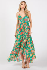Green Floral Chiffon Ruffle Hi-Low Sleeveless Midi Dress