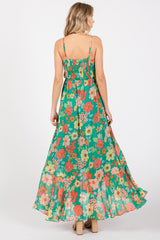 Green Floral Chiffon Ruffle Hi-Low Sleeveless Midi Dress