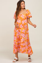 Orange Floral Square Neck Short Puff Sleeve Maternity Midi Dress