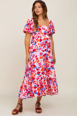 Fuchsia Floral Square Neck Short Puff Sleeve Maternity Midi Dress