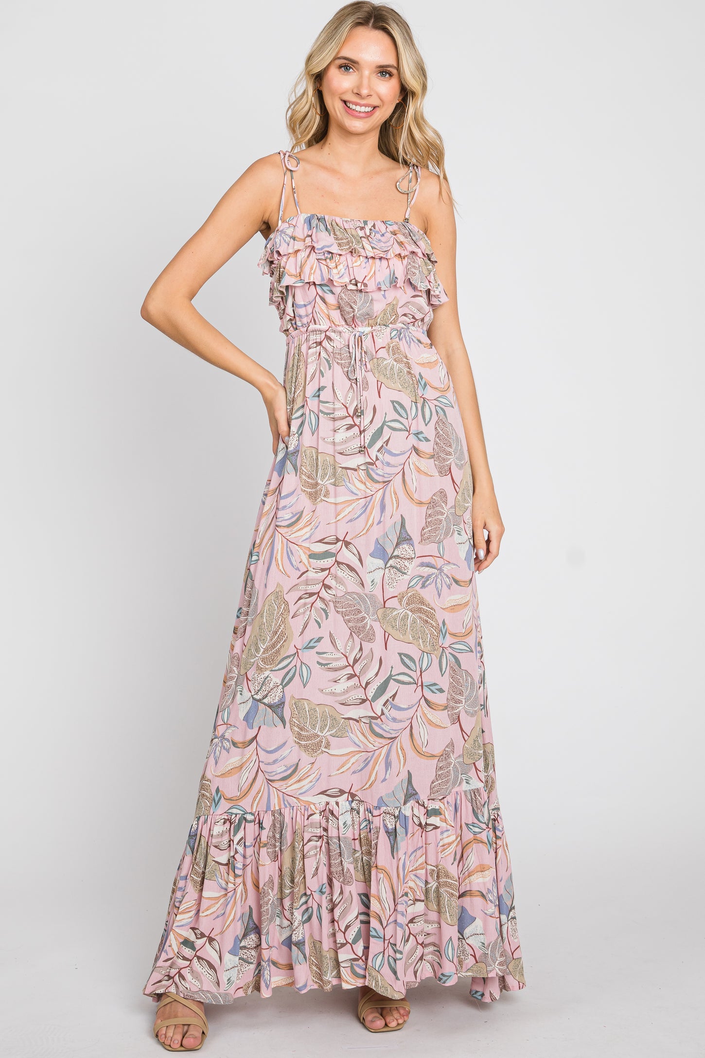 Pink Floral Ruffle Top Back Cutout Maxi Dress