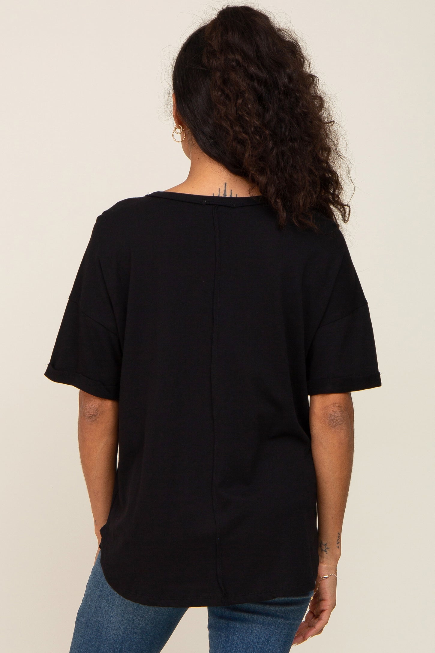 Black Oversized V-Neck Cuffed Short Sleeve Tee