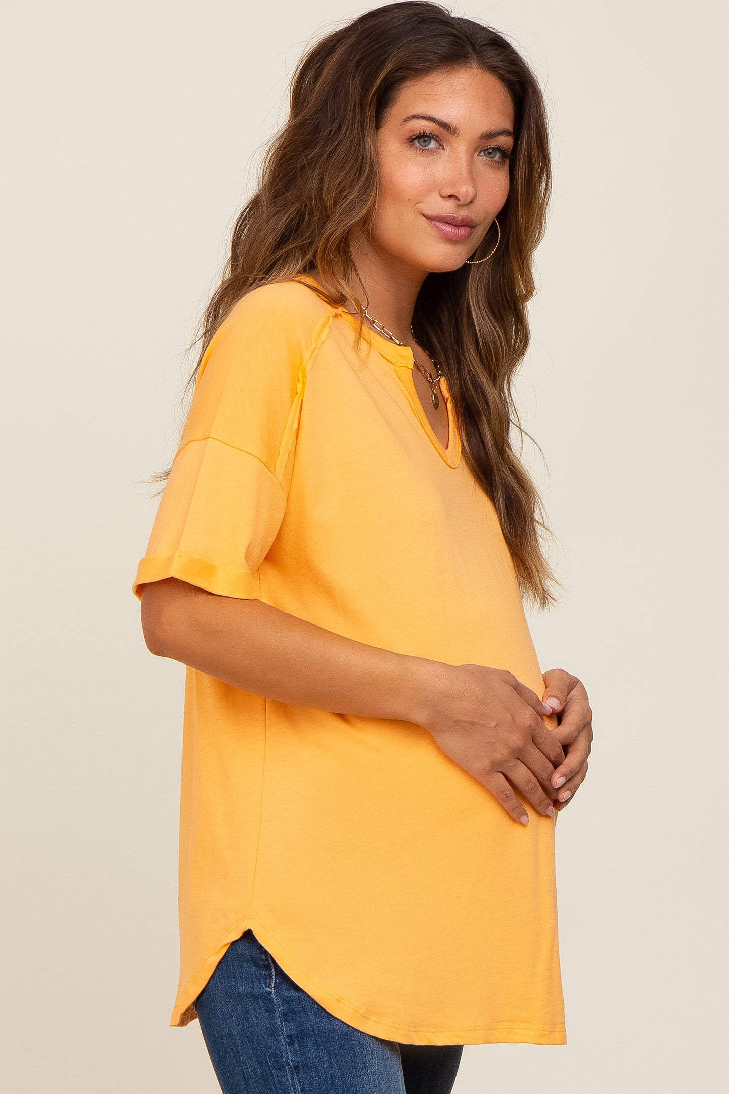 Orange Oversized V-Neck Cuffed Short Sleeve Maternity Tee