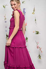 Magenta Smocked Ruffle Tier Maxi Dress