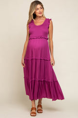 Magenta Smocked Ruffle Tier Maternity Maxi Dress