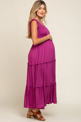 Magenta Smocked Ruffle Tier Maternity Maxi Dress