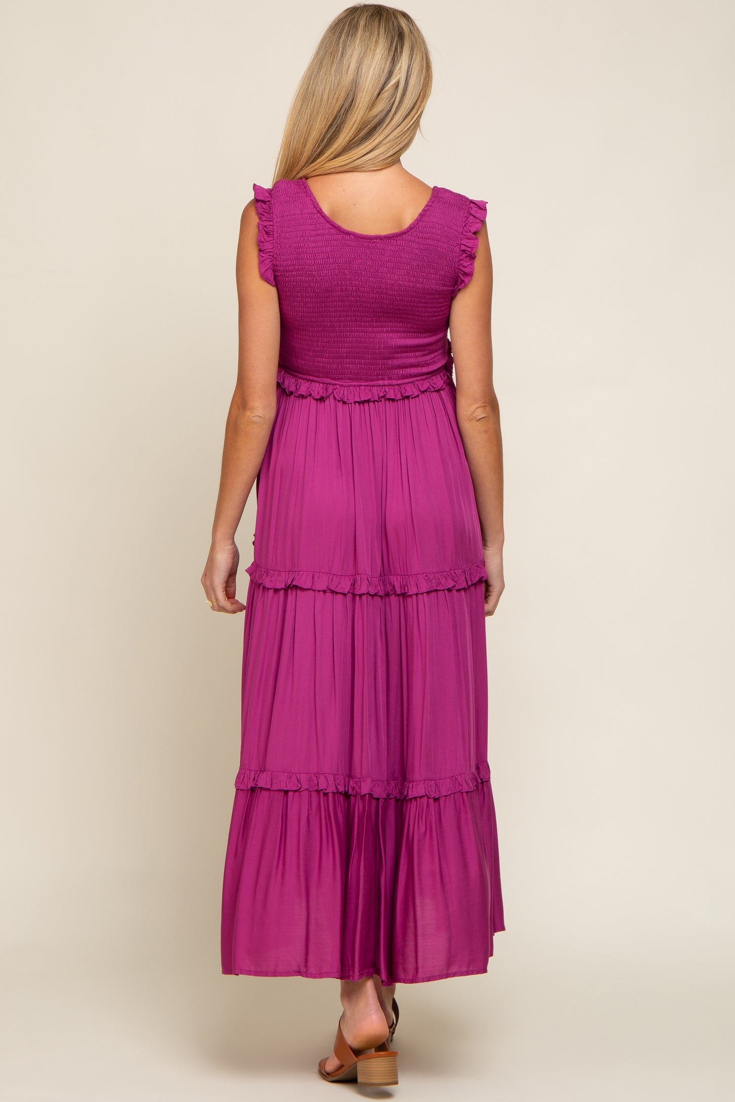 Magenta Smocked Ruffle Tier Maternity Maxi Dress