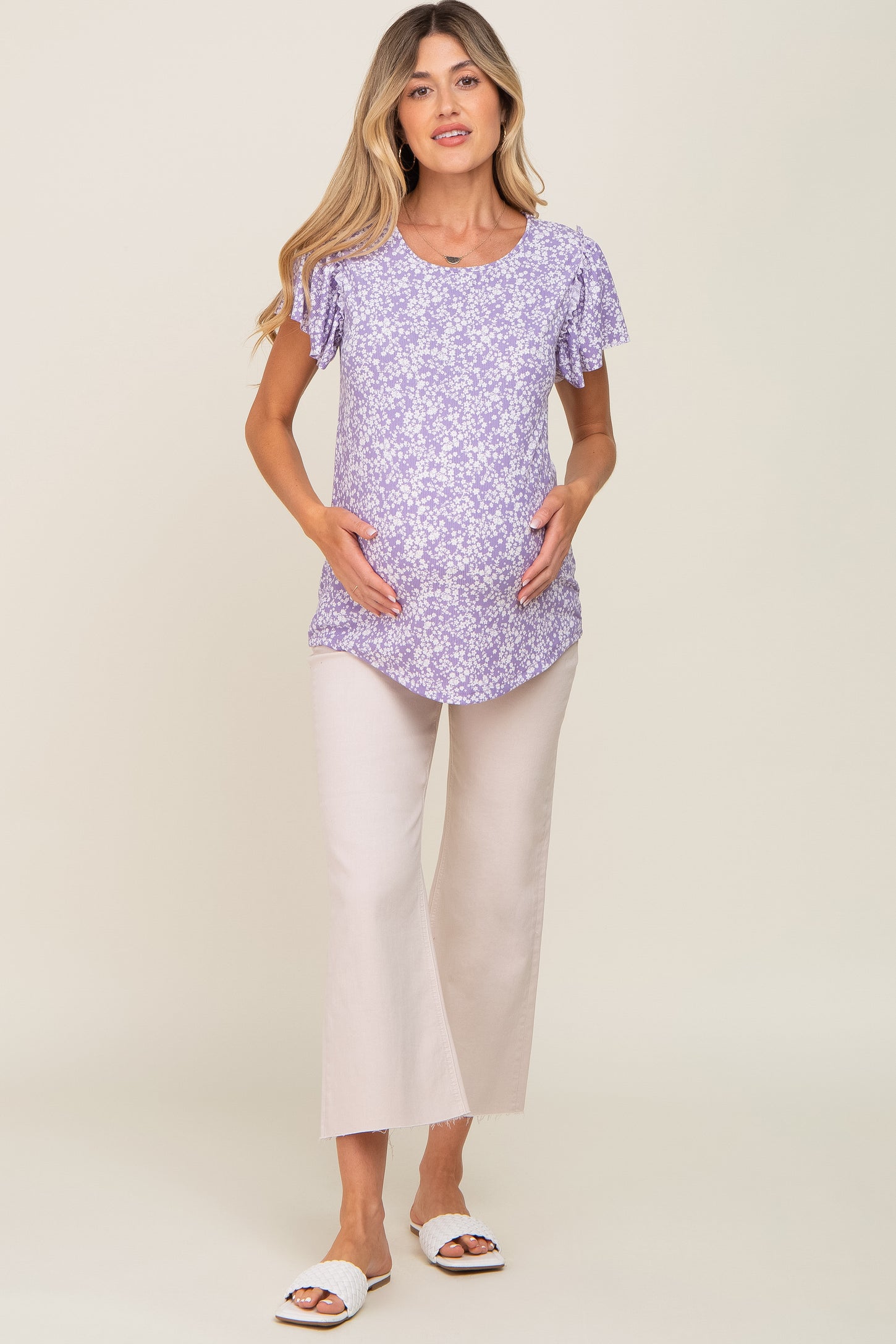Lavender Floral Ribbed Ruffle Short Sleeve Maternity Top