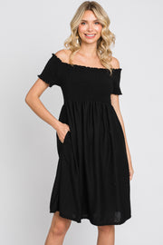 Black Swiss Dot Off Shoulder Dress