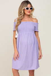 Lavender Swiss Dot Off Shoulder Maternity Dress