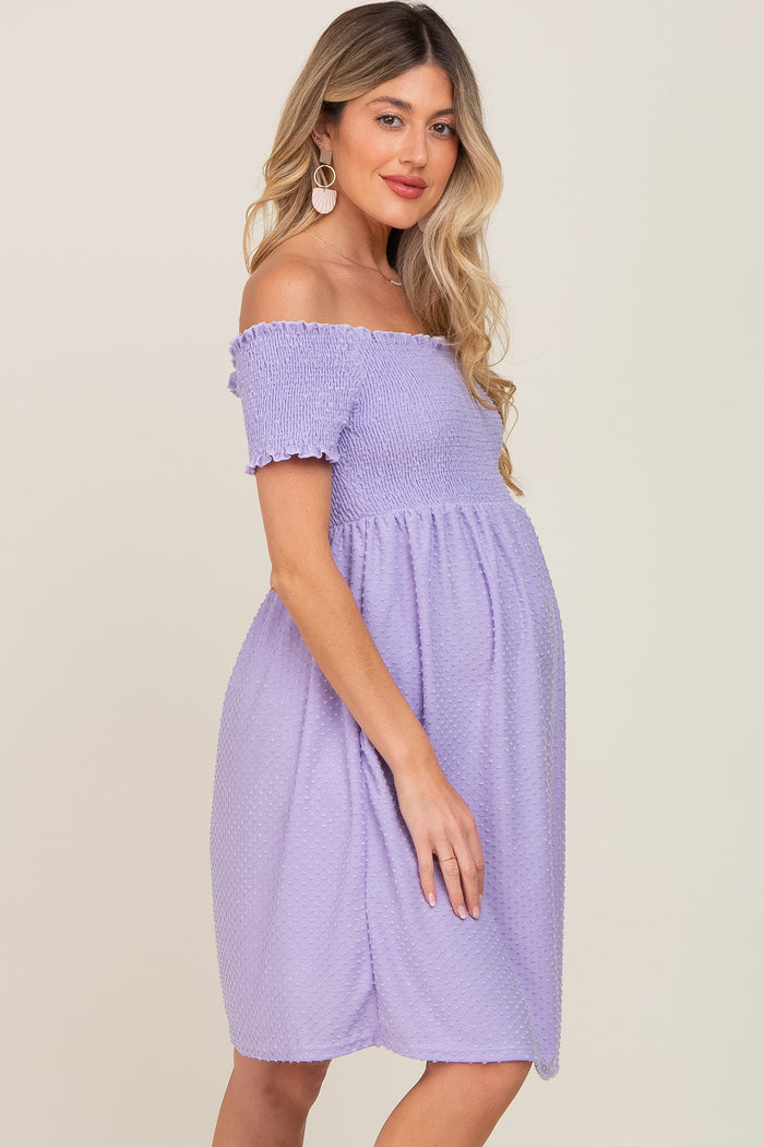 Lavender Swiss Dot Off Shoulder Maternity Dress