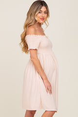 Peach Swiss Dot Off Shoulder Maternity Dress