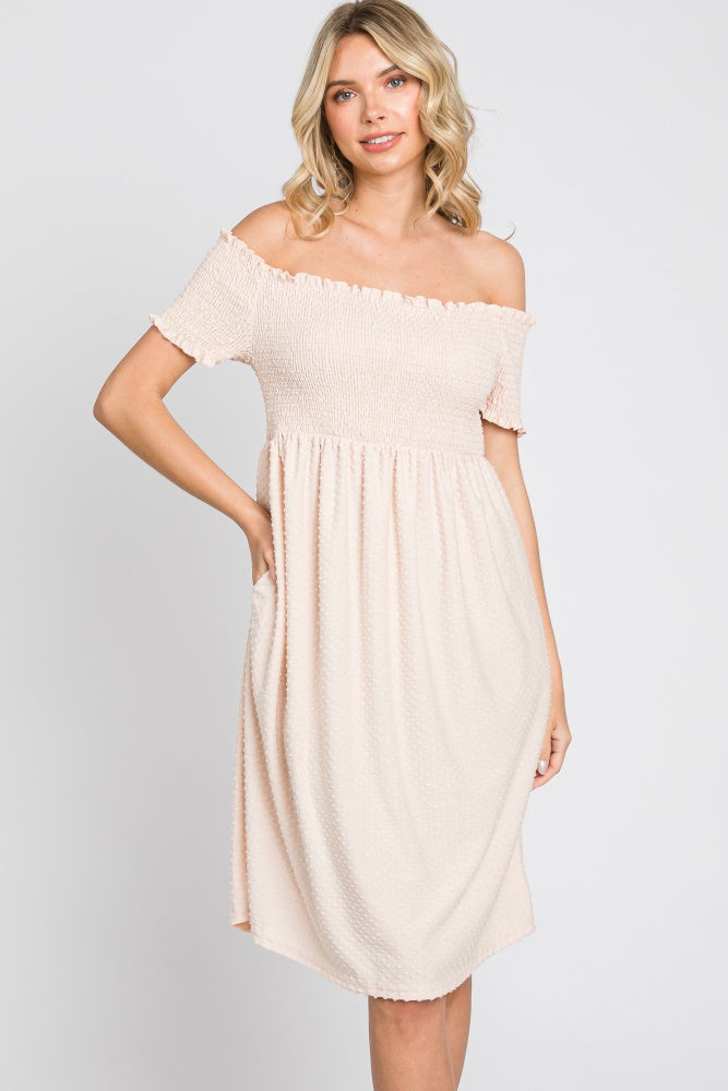 Peach Swiss Dot Off Shoulder Dress