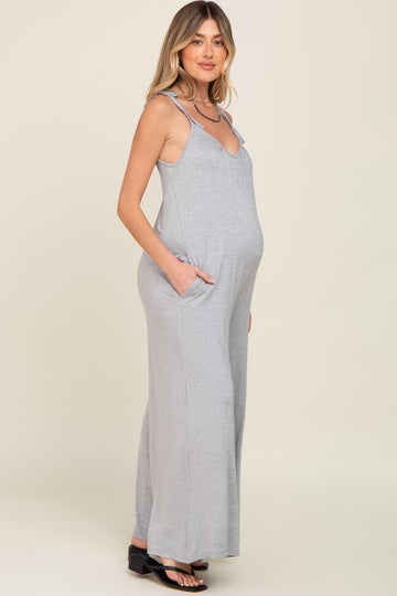 Heather Grey Shoulder Tie Soft Knit Maternity Jumpsuit