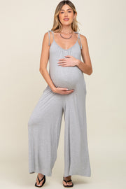 Heather Grey Shoulder Tie Soft Knit Maternity Jumpsuit