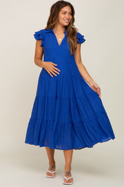 Royal Blue Flutter Sleeve Tiered Maternity Midi Dress