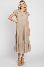 Taupe Flutter Sleeve Tiered Midi Dress