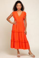 Orange Ruffle Accent Tiered Maternity Midi Dress