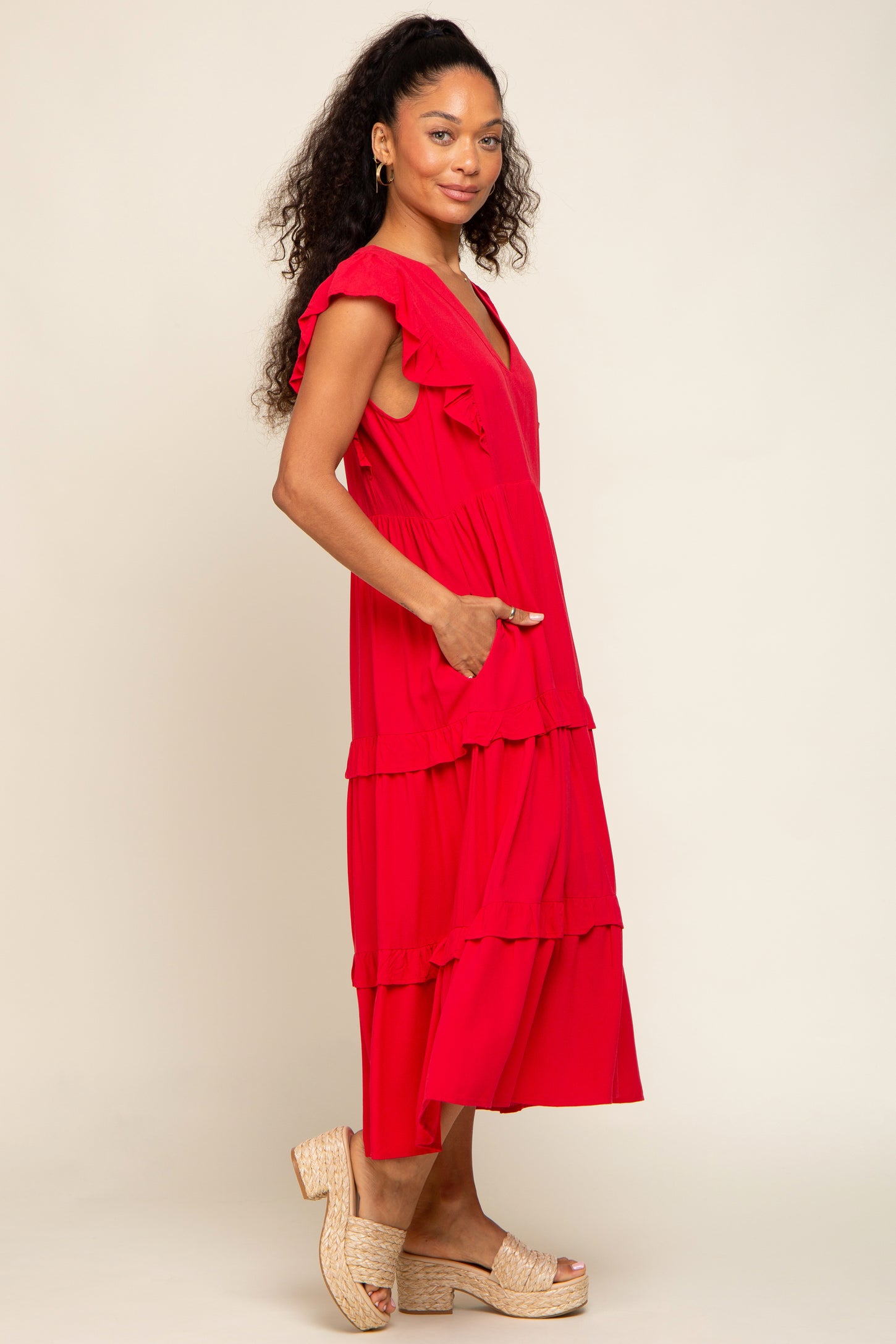Red Ruffle Accent Tiered Midi Dress