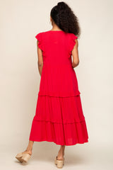 Red Ruffle Accent Tiered Midi Dress