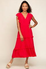 Red Ruffle Accent Tiered Midi Dress