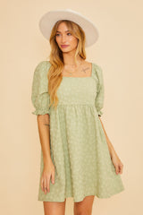 Light Olive Floral Textured Square Neck Babydoll Maternity Dress