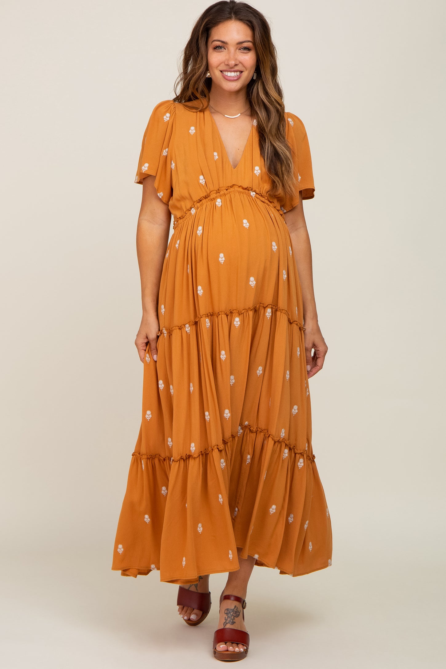 Camel Floral Embroidered Tiered Maternity Maxi Dress